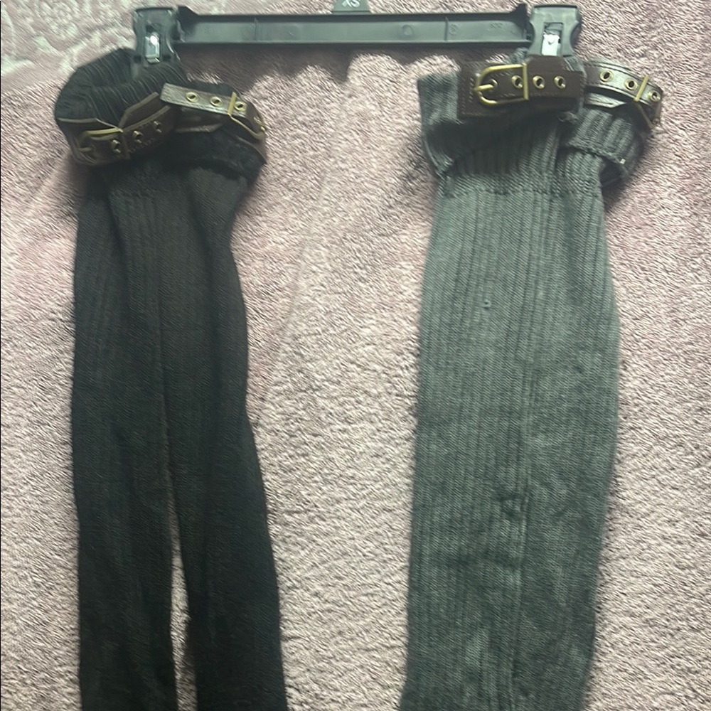 Black and Gray Knit Leg Warmers with Buckle Detail